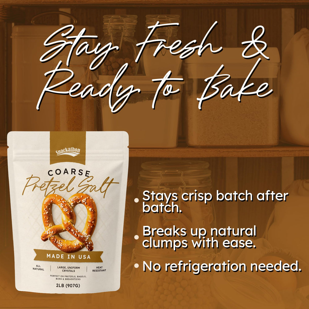 Snackathon coarse pretzel salt sealed resealable bag for moisture control.