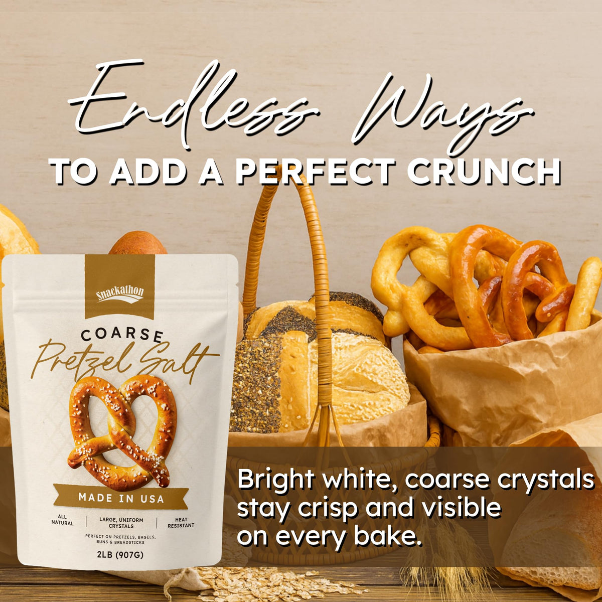 Snackathon coarse pretzel salt texture close-up crystals highlight authentic crust.