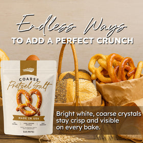 Snackathon coarse pretzel salt texture close-up crystals highlight authentic crust.