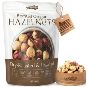 Snackathon hazelnuts whole bag closeup highlighting premium Oregon nuts for snacking