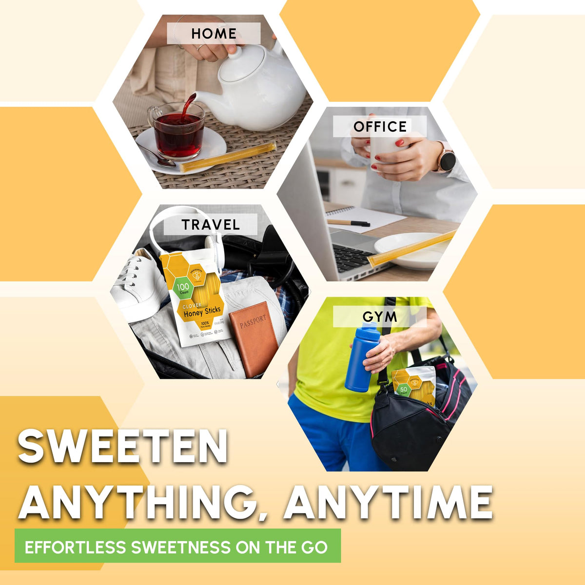 Snackathon Honey Sticks coffee companion smooth sweetness without mess.