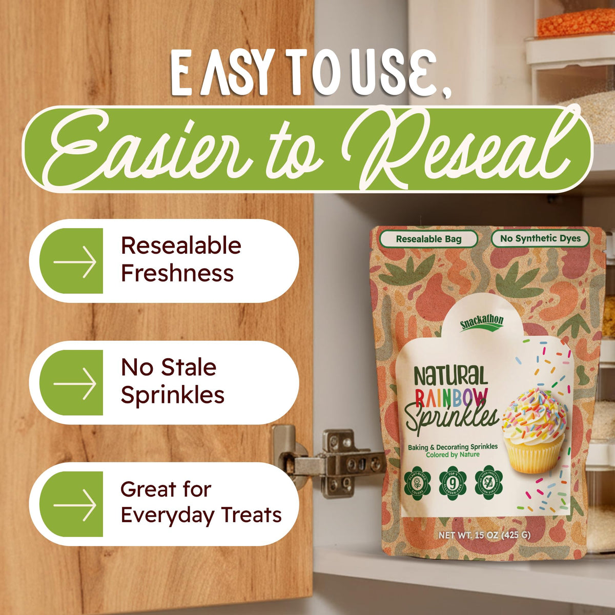 Snackathon resealable bulk pouch keeps sprinkles fresh for home bakers
