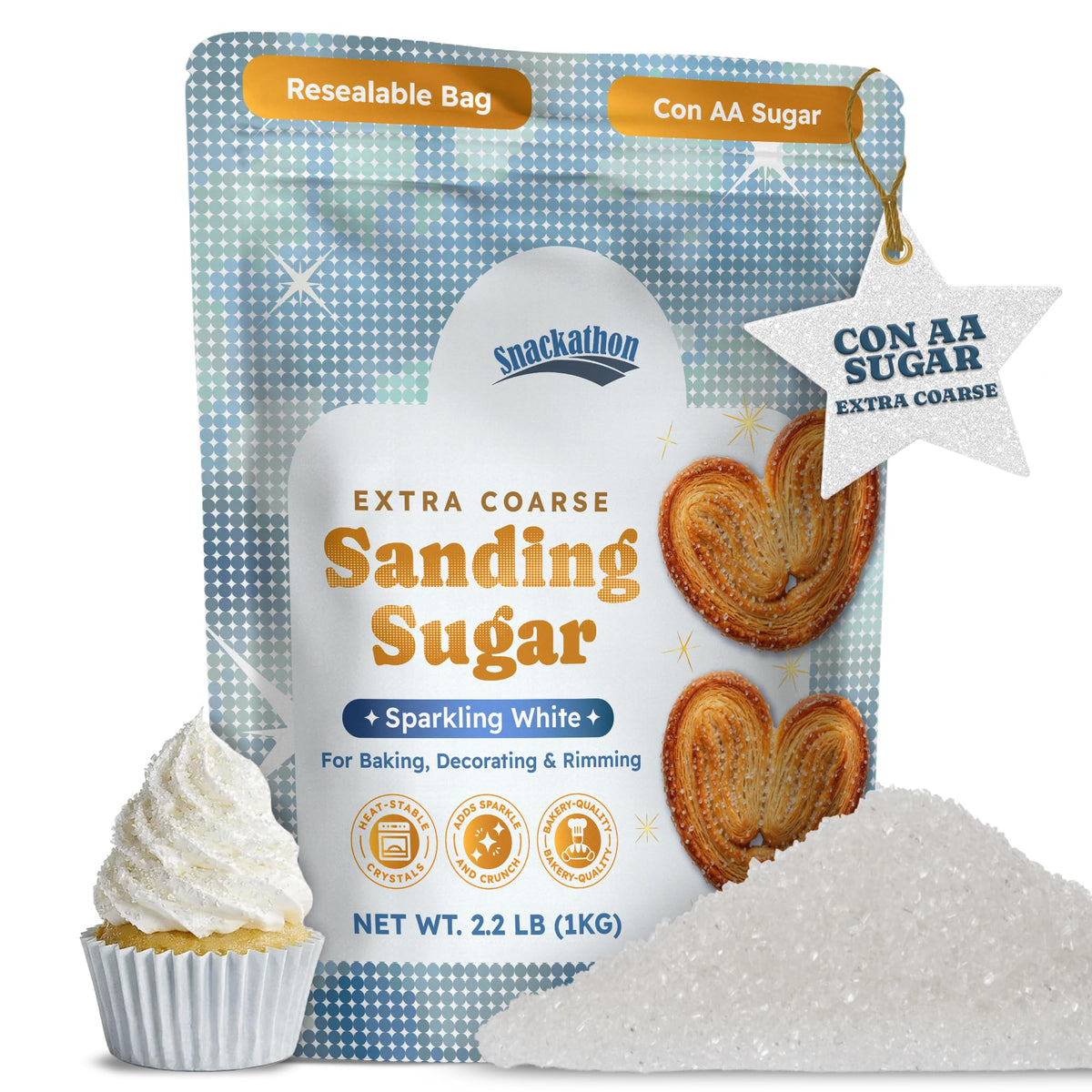 Snackathon sanding sugar extra coarse white crystals in bag for sparkling cupcakes and cookies.