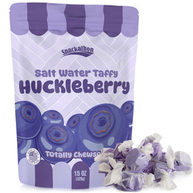Snackathon salt water taffy huckleberry bag closeup shows resealable packaging for freshness.