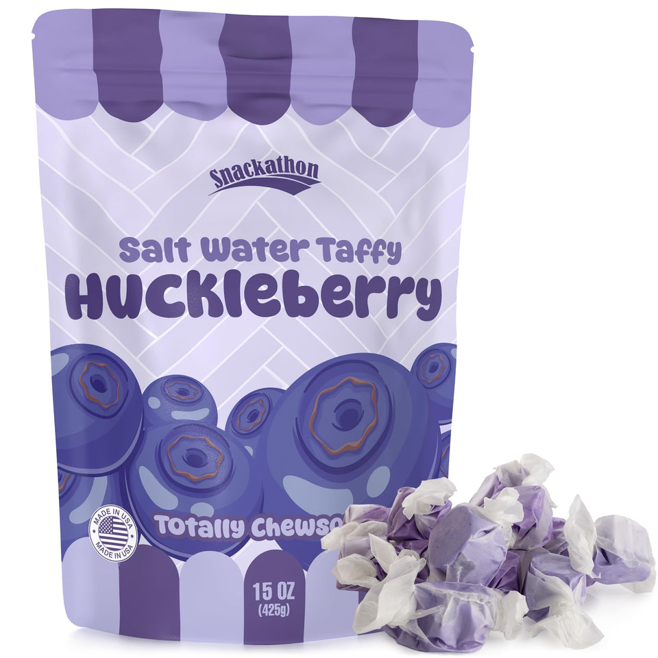 Snackathon salt water taffy huckleberry bag closeup shows resealable packaging for freshness.