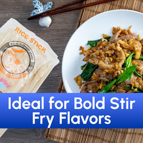 Snackathon Thai rice-stick noodles raw and flexible for easy stir-frying.
