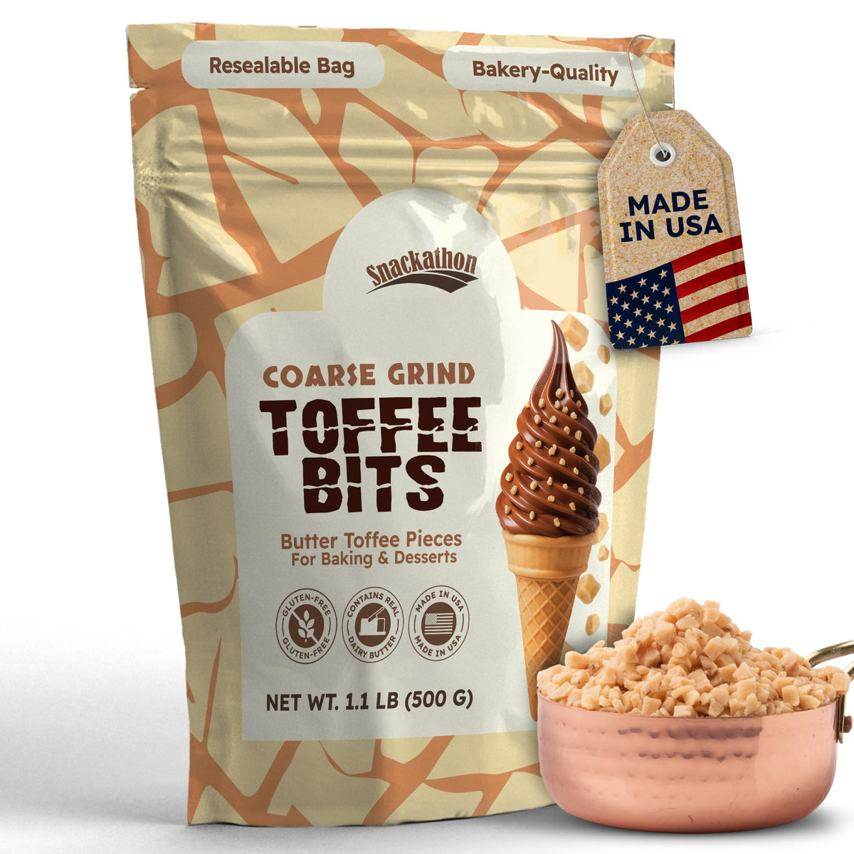 Snackathon Toffee Bits in a resealable bag delivering coarse crunch for baking and toppings.