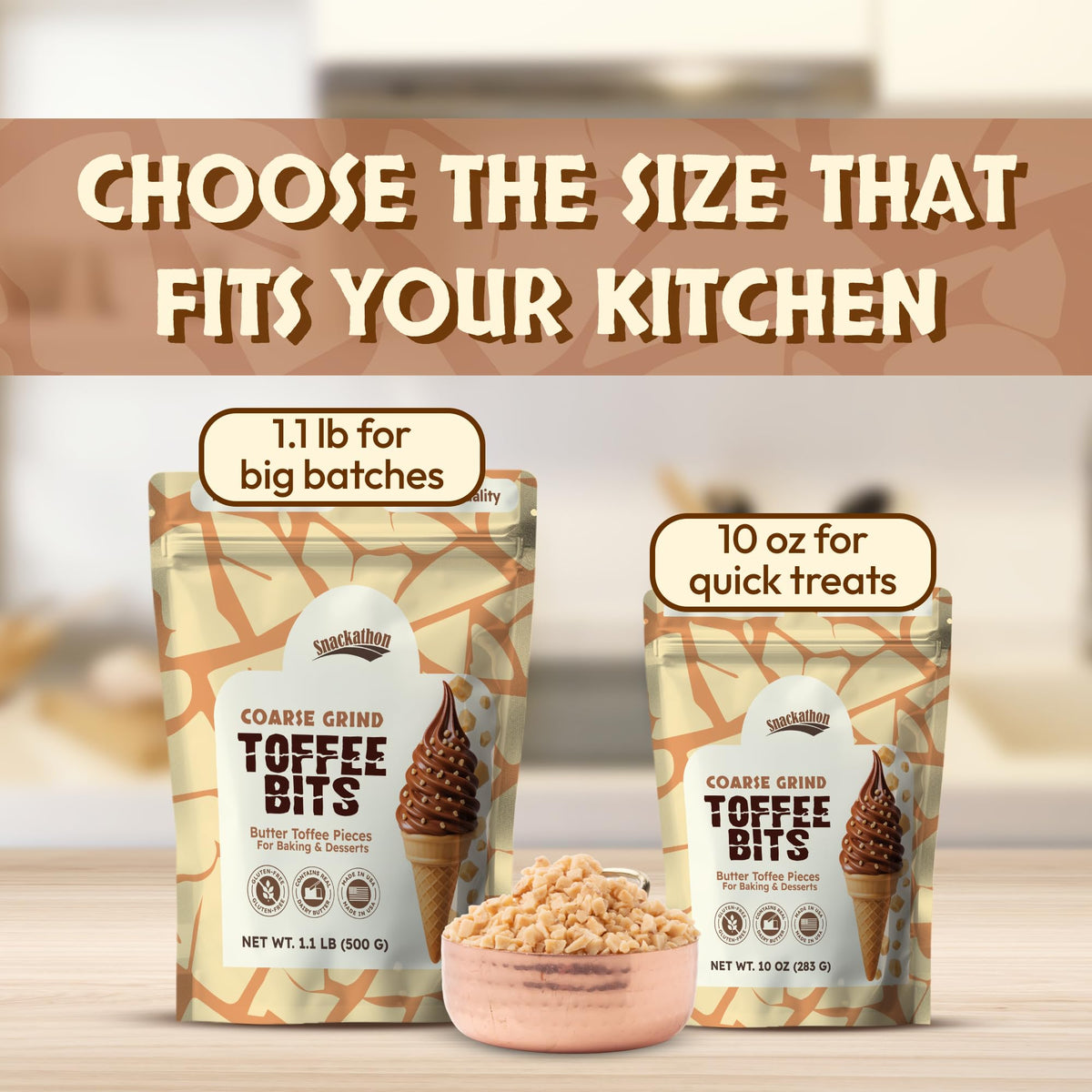 Snackathon Toffee Bits provide a golden brown crunch in desserts.