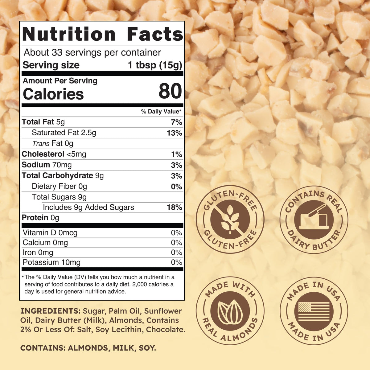 Made in USA label on Snackathon Toffee Bits signaling quality ingredients.