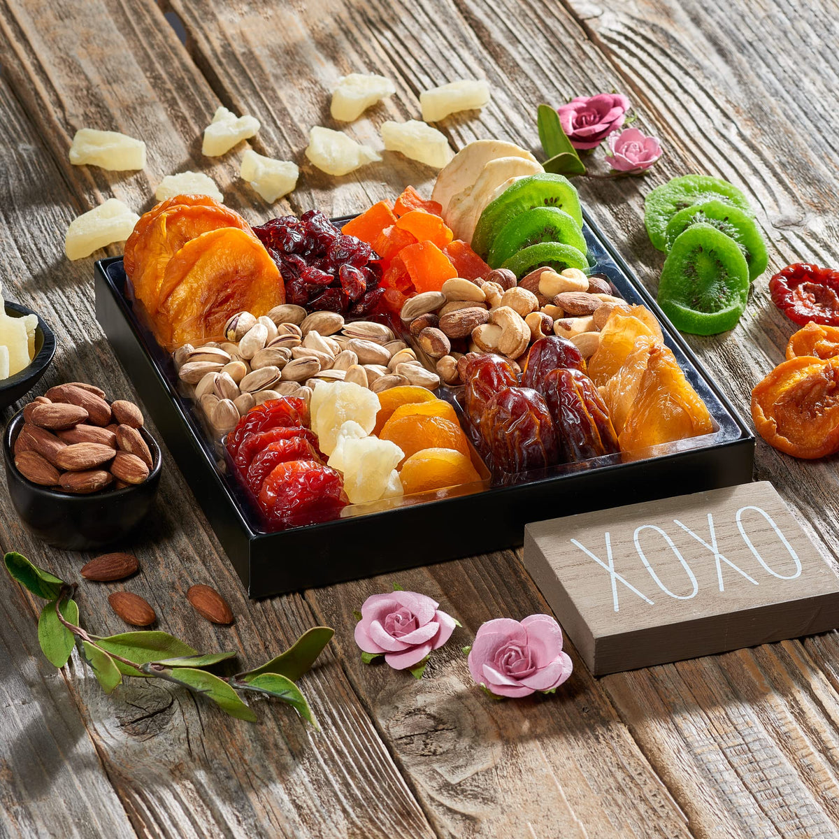 Snackberry assortment closeup reveals freshness and variety of fruits and nuts.
