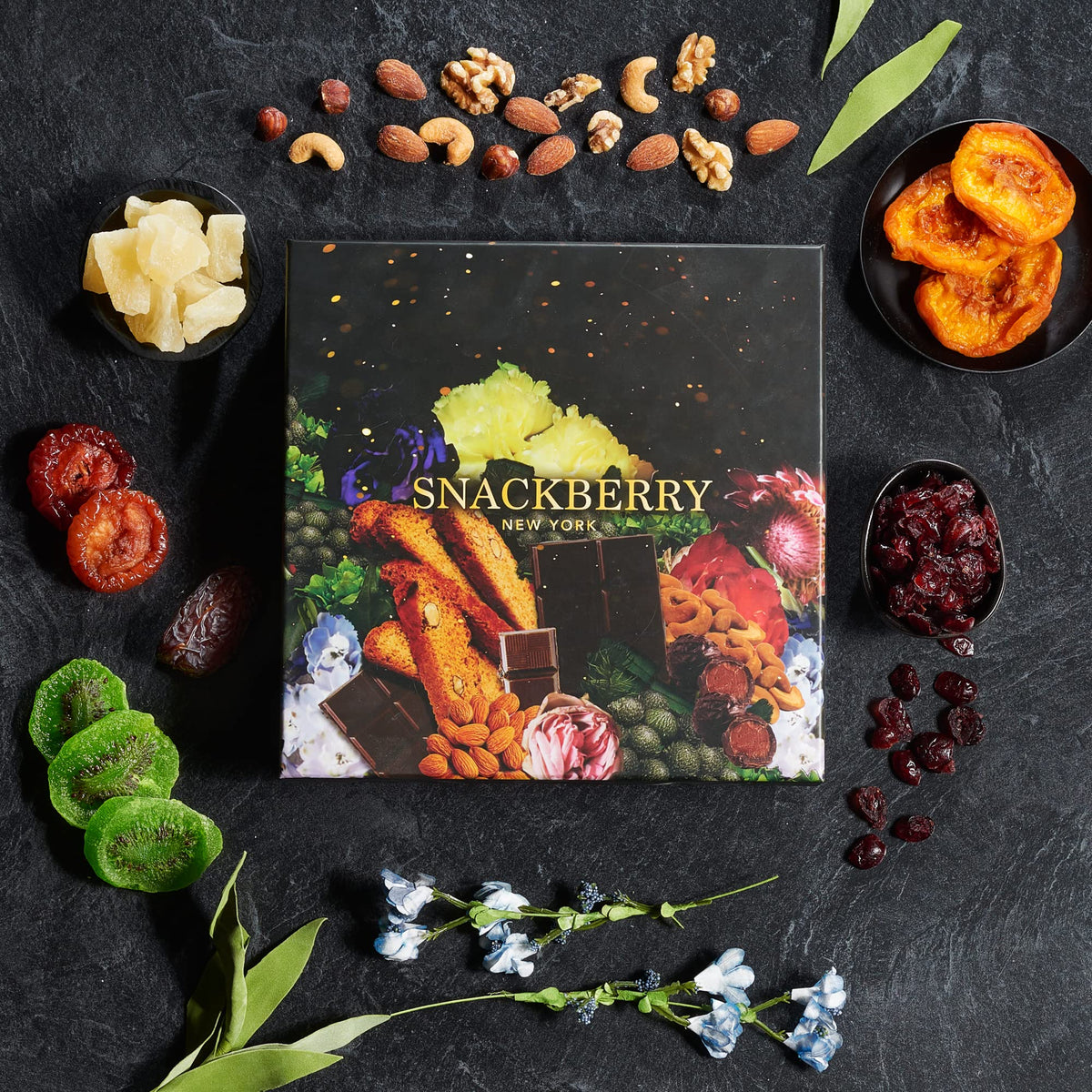 Snackberry colorful dried fruit tray emphasizes flavor and variety at gatherings.
