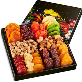 Snackberry gift basket compartments display a diverse dried fruit and nut assortment for gifting.