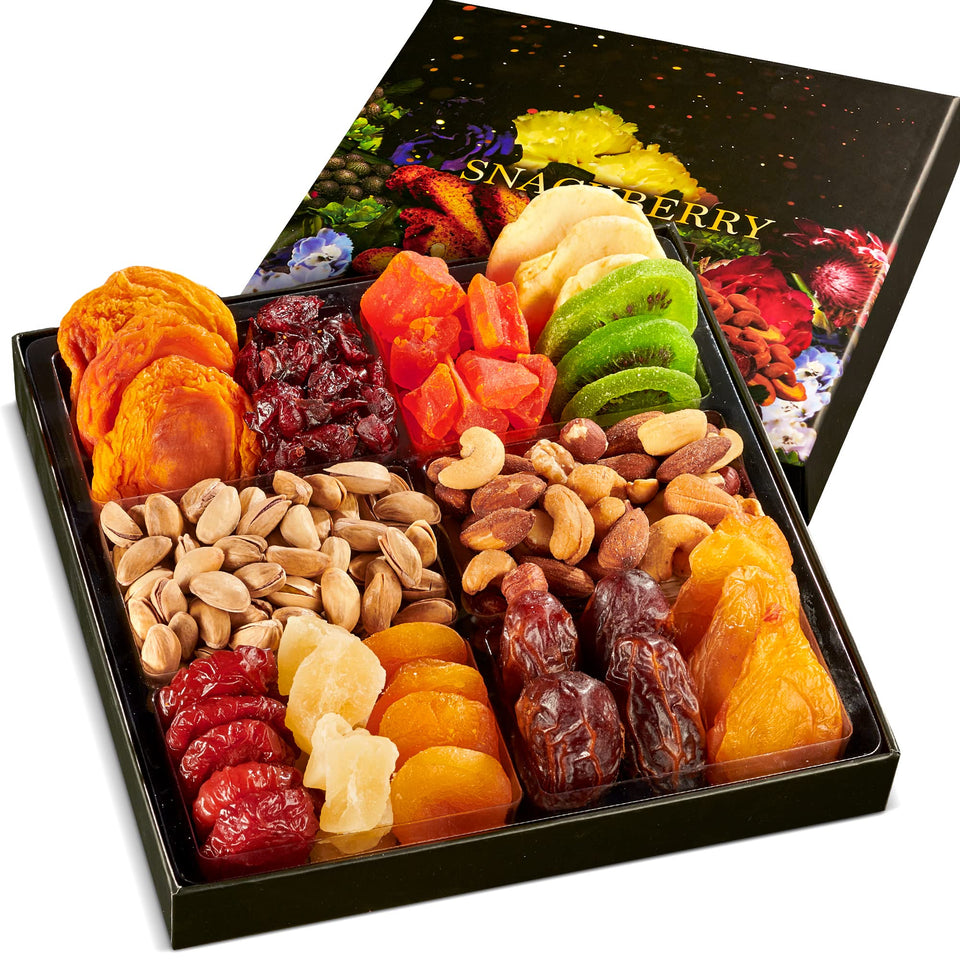 Snackberry gift basket compartments display a diverse dried fruit and nut assortment for gifting.