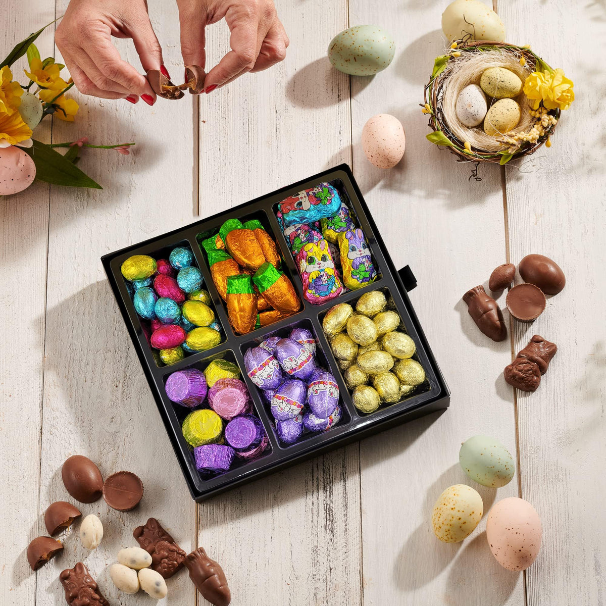 Snackberry Easter platter gold-foiled-eggs add festive sparkle to tables.