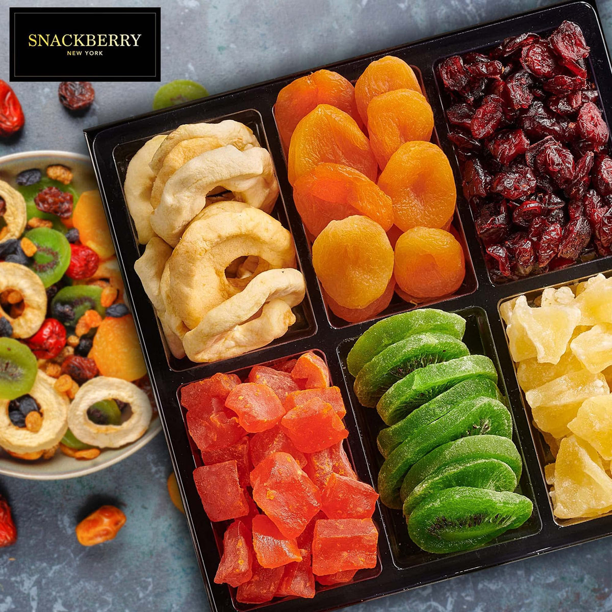 Snackberry gourmet dried fruit display, a stylish, shareable party snack.