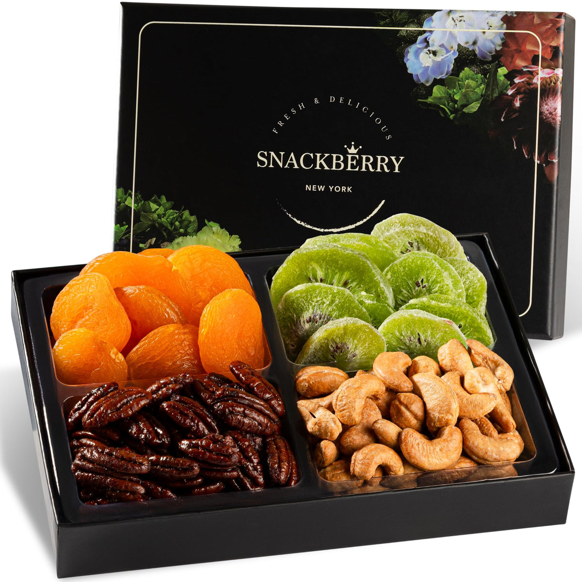 Snackberry Holiday Variety Gift Box with colorful nuts and fruits, ideal for festive gifting.