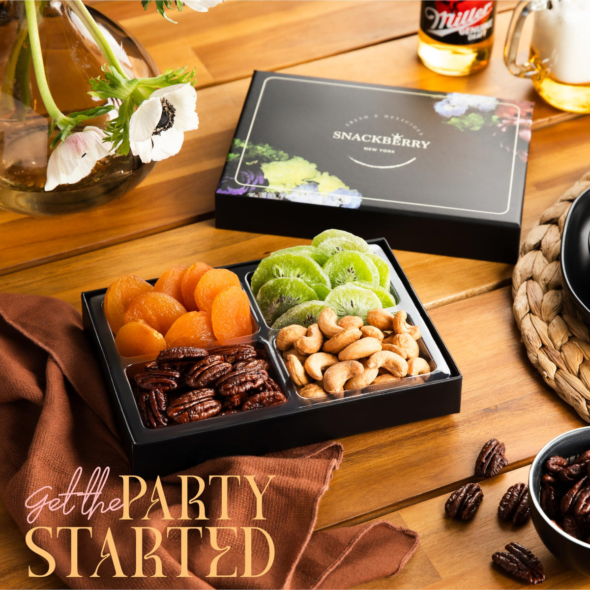 Snackberry Lidded Nut Gift Tray provides easy open-close access and stylish table decor.