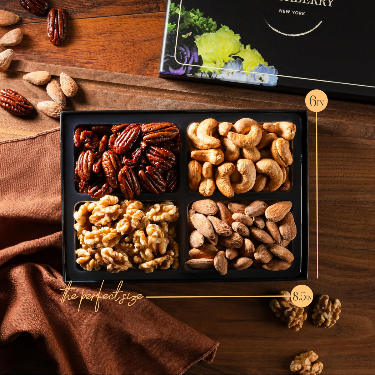 Snackberry nuts assortment closeup highlights textures and colors that entice guests.