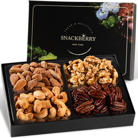 Snackberry variety nuts gift basket tray showcases premium nuts for sharing at gatherings.
