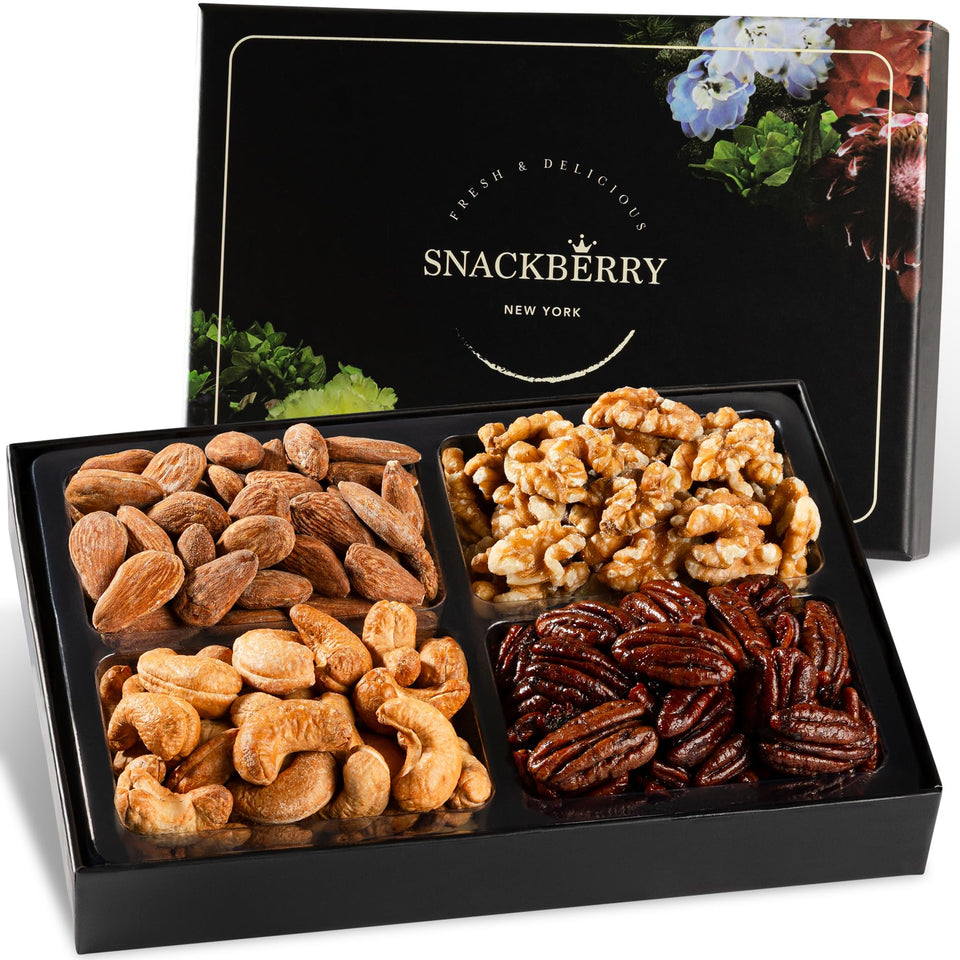 Snackberry variety nuts gift basket tray showcases premium nuts for sharing at gatherings.
