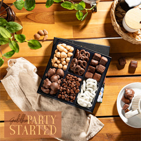 Snackberry yogurt pretzels and milk chocolate caramels arranged for indulgent snacking
