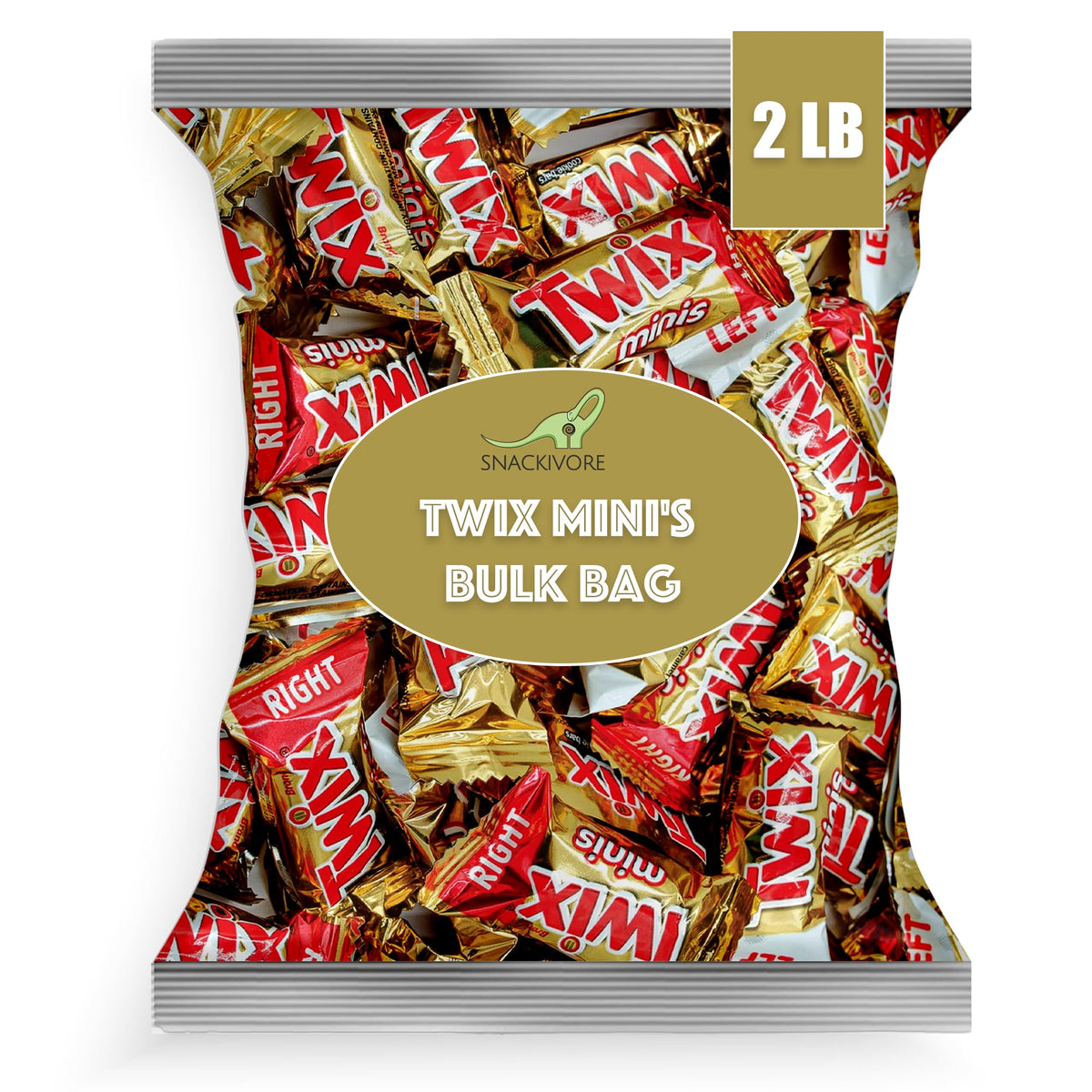 Snackivore mini Twix bars 2lb bulk close-up highlights bite-sized texture and chocolate layers.