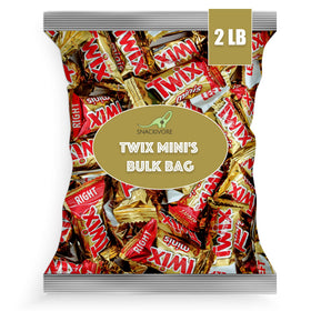 Snackivore mini Twix bars 2lb bulk close-up highlights bite-sized texture and chocolate layers.