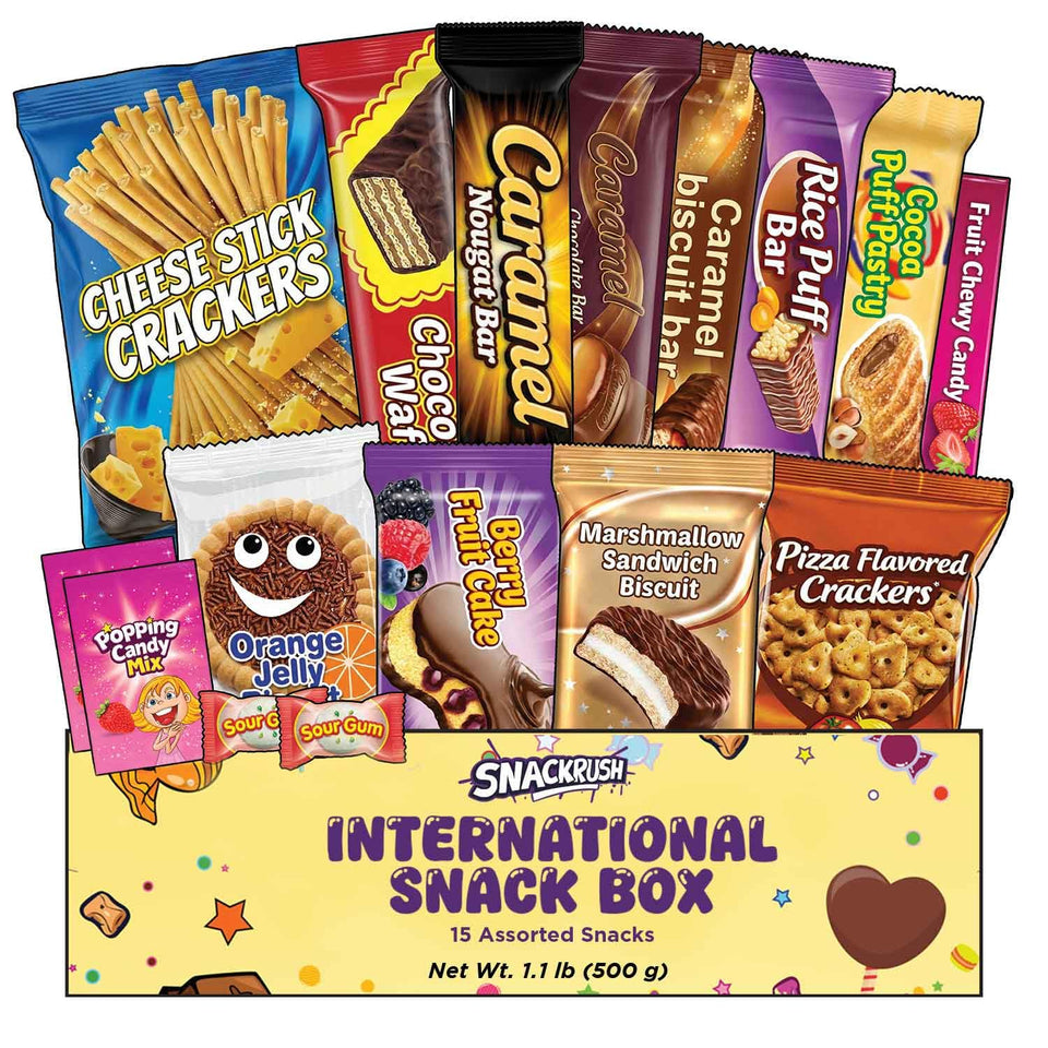 SnackRush International Box variety snacks on display for family tastings.
