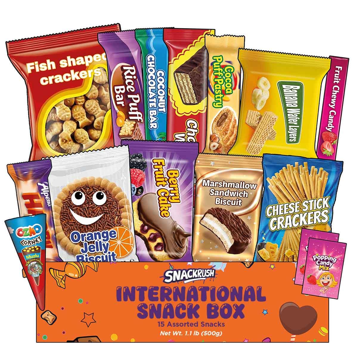 SnackRush international snack box open with colorful treats, ideal for sharing.