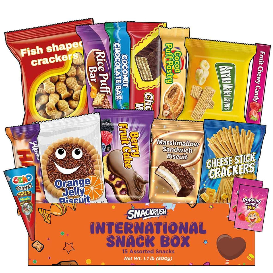 SnackRush international snack box open with colorful treats, ideal for sharing.