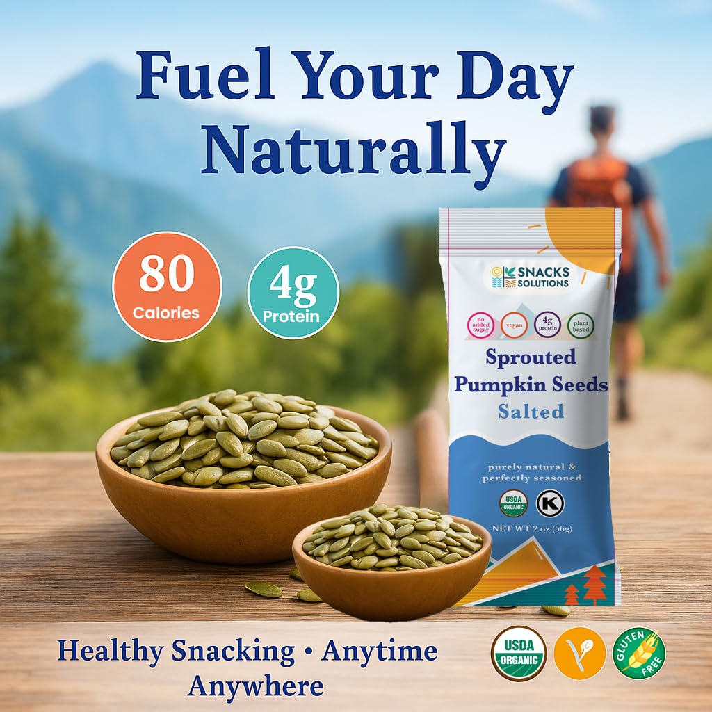Nutrition panel on SNACKS SOLUTIONS sprouted pumpkin seeds
