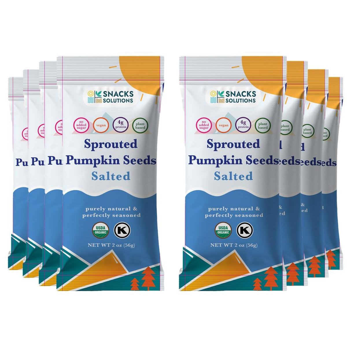 SNACKS SOLUTIONS Sprouted Pumpkin Seeds package front with organic and kosher credentials