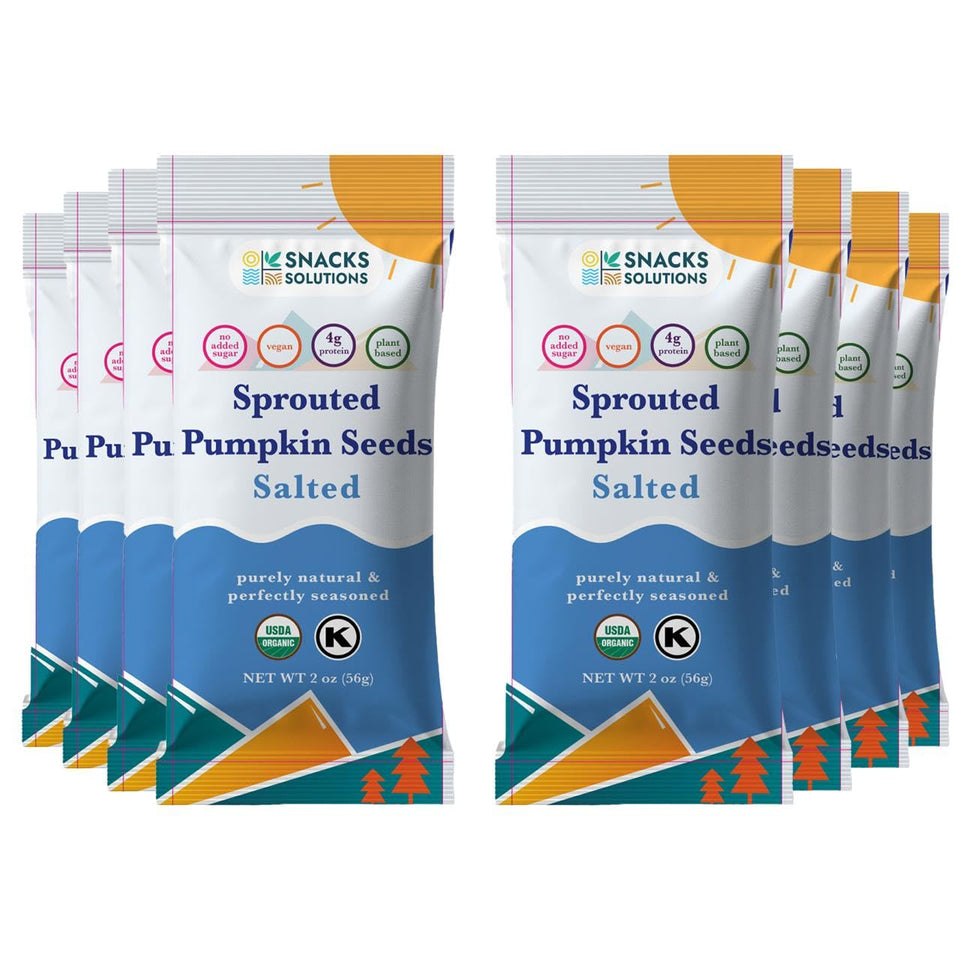 SNACKS SOLUTIONS Sprouted Pumpkin Seeds package front with organic and kosher credentials