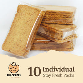 Snacktery Melba Toast Crackers roasted garlic flavor close-up offers savory aroma.