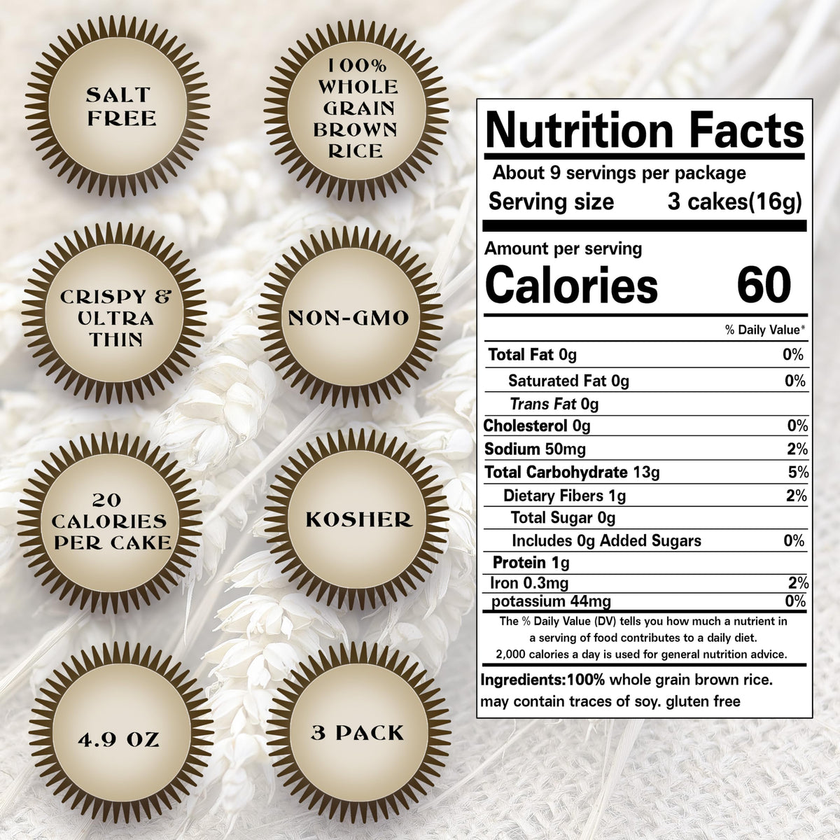SNACKTERY salt-free rice cakes pack shot, convenient 3-pack packaging
