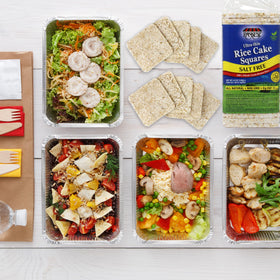 SNACKTERY whole grain brown rice cakes on display, versatile meal base