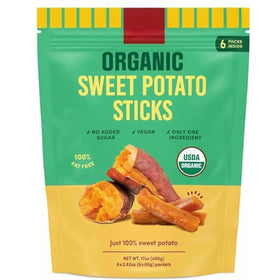SnackYard Organic Sweet Potato Sticks bag front view, ideal for lunchboxes.