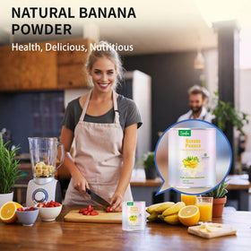 Snafre banana powder garnish on dessert for visual appeal.