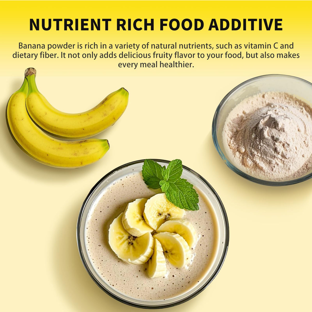 Snafre banana powder in smoothie bottle for quick flavor boost.