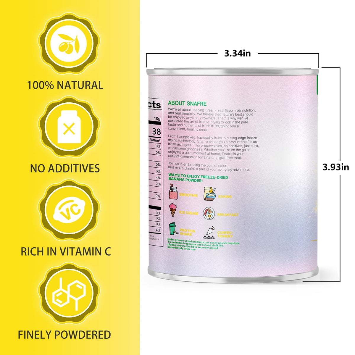 Snafre banana powder texture close-up highlights natural color and aroma.
