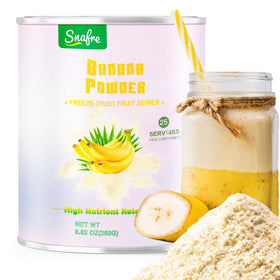 Snafre banana powder in a jar showing freeze-dried texture for easy mixing.
