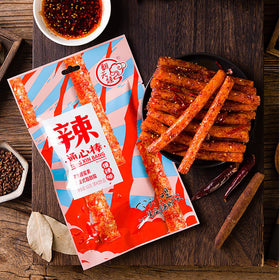 Snafre Latiao Spicy Strips close-up texture showing chewy, bold flavor.