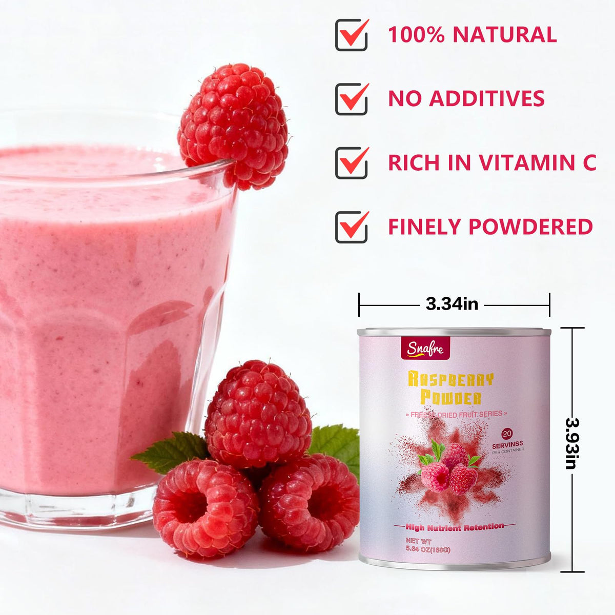 Fine-textured Snafre Raspberry Powder ready to dissolve in drinks.