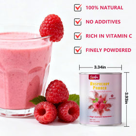 Fine-textured Snafre Raspberry Powder ready to dissolve in drinks.