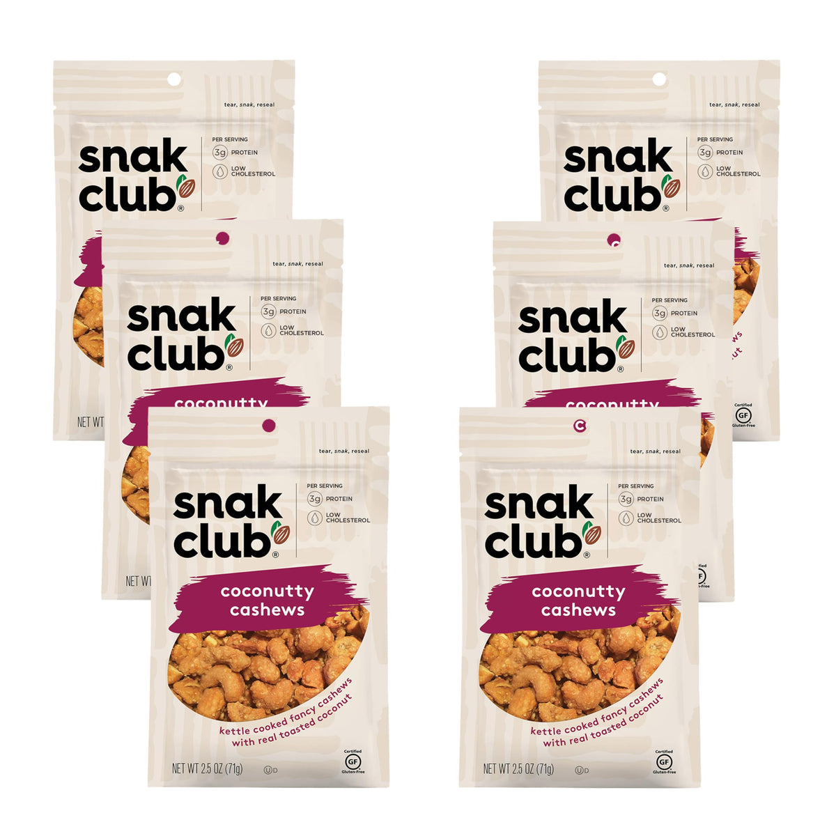 Snak Club Coconutty Cashews with praline coating, close-up texture and crunch.