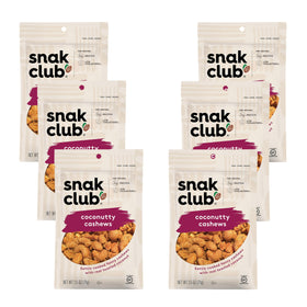 Snak Club Coconutty Cashews with praline coating, close-up texture and crunch.