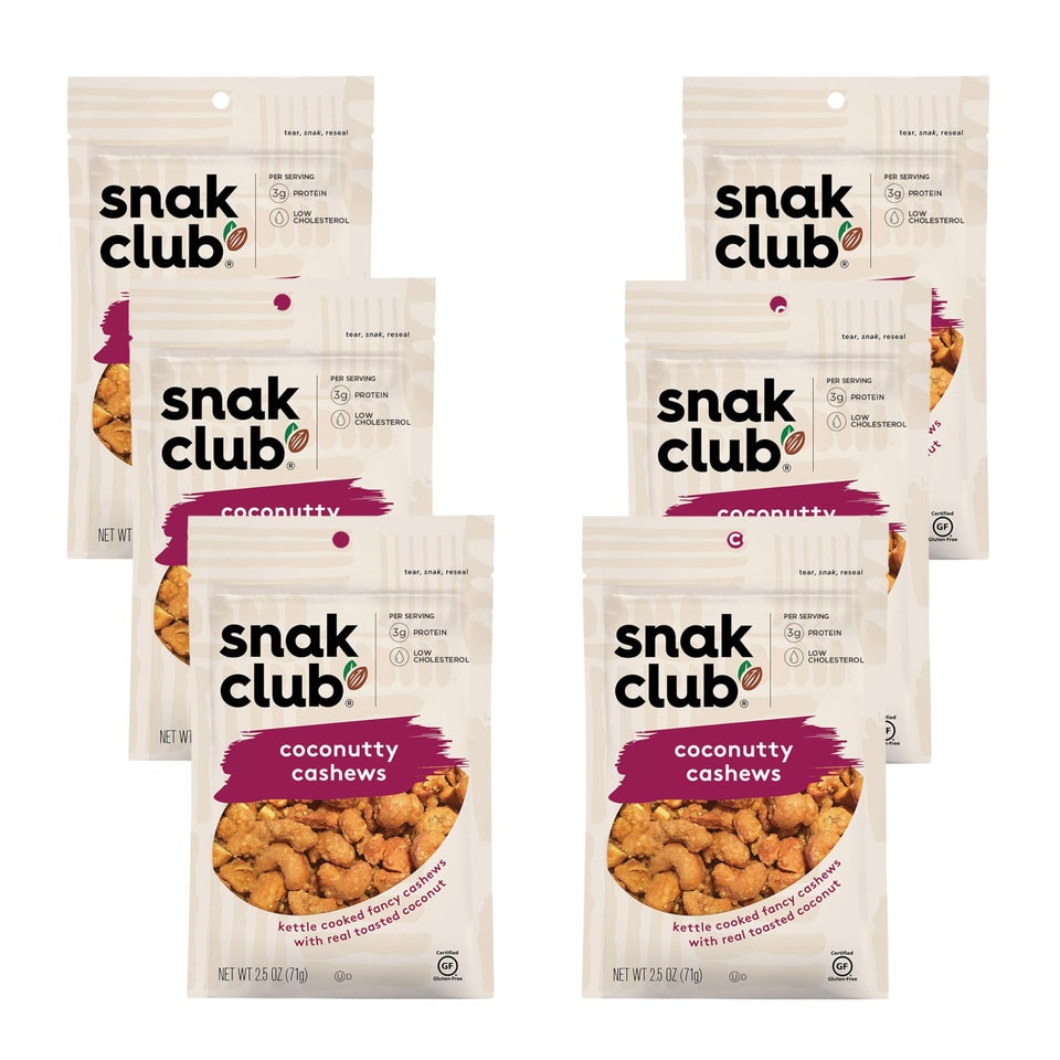 Snak Club Coconutty Cashews with praline coating, close-up texture and crunch.