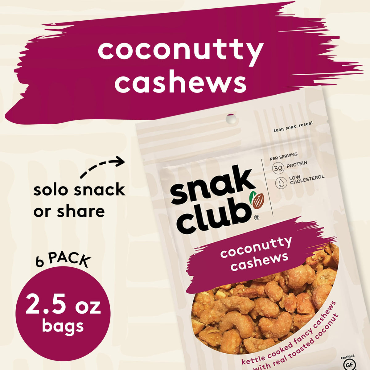 Snak Club Coconutty Cashews toasted coconut surface, delicious flavor and aroma.