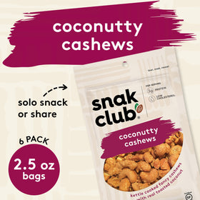 Snak Club Coconutty Cashews toasted coconut surface, delicious flavor and aroma.