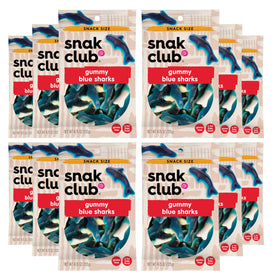 Snak Club Gummy Sharks blue raspberry bag showing chewy texture for on-the-go snacking.